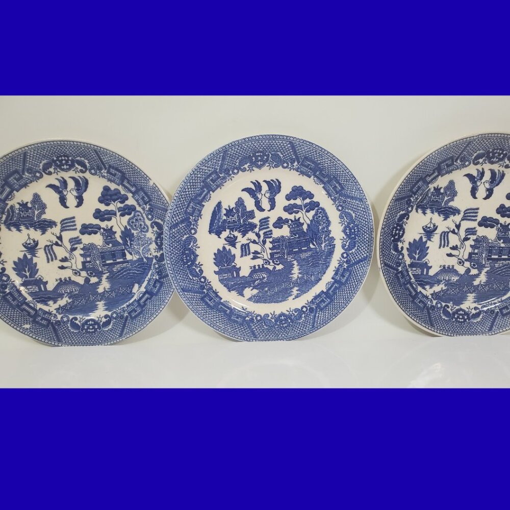 Antique Japanese Blue Willow Plates Set of 3 - 9.5” - Circa 1900–1920 - “JAPAN”